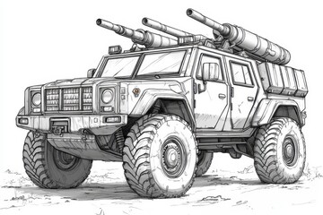 Military Vehicle Concept Art Heavily Armed Off-Road Combat Truck Illustration