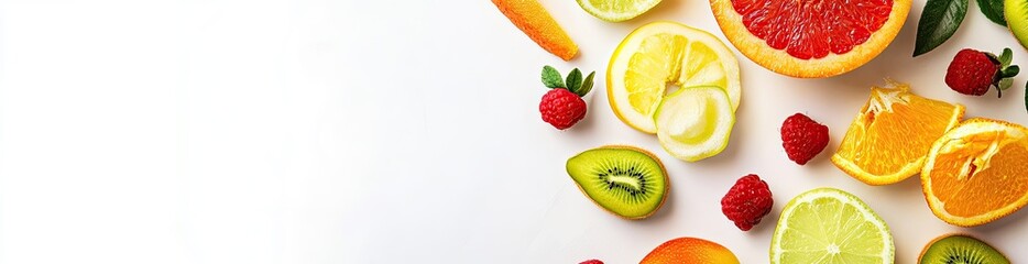 Assorted fresh fruit slices arranged on a white surface. Colorful citrus fruits, kiwi, raspberries, and strawberries create a vibrant display