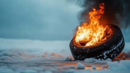 An intense image of a tire engulfed in flames against a snowy backdrop, symbolizing destruction, urgency, and stark contrasts in nature's elements of fire and ice.