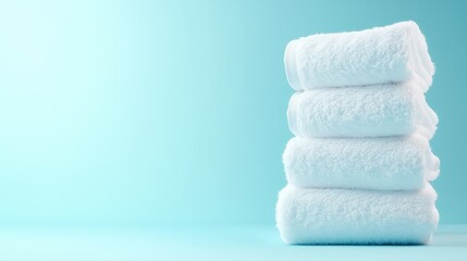A neatly stacked arrangement of plush white towels presents a clean, refreshing appearance against a soothing blue backdrop, symbolizing comfort and relaxation.
