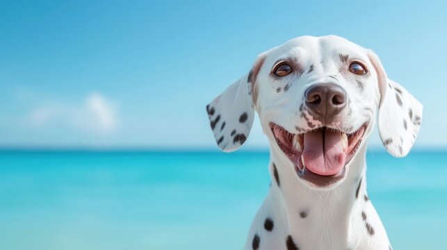 A joyful Dalmatian dog smiles brightly against a backdrop of a stunning tropical beach, capturing the essence of happiness, companionship, and vibrant outdoor life.