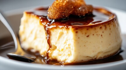 A tempting dessert of flan topped with caramelized sugar captures the essence of indulgence, inviting viewers to savor the sweetness and texture of this delightful treat.