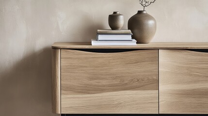 Light-colored wooden cabinet with curved doors and decorative vases.