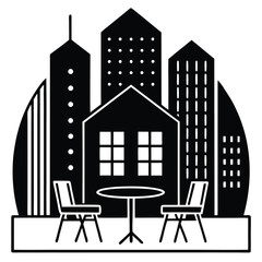 Naklejka premium a small city caf� tucked between two towering buildings