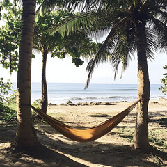 Serene tropical beach with clear sky and hammock high resolution picture