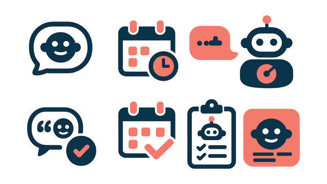 Two-Color vector icons of AI assistants: speech bubble, daily reminder, context-aware reply, productivity bot. Smart reply, AI calendar, task planner, personalized feed.