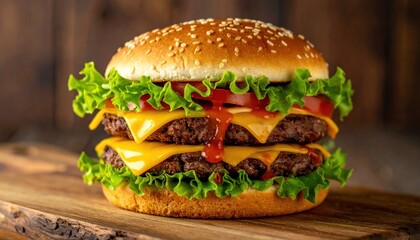 Exquisite double cheeseburger with luscious toppings on rustic wooden board
