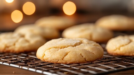 Delicious golden-brown cookies, freshly baked and cooling on a wire rack, evoke feelings of warmth and home while showcasing culinary delight and cozy moments.