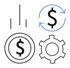 Dollar sign with bar chart, circular arrows, and cogwheel symbolizing financial growth, process, and analytics. Ideal for finance, investment, process optimization, economic strategy business