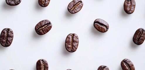 Roasted coffee beans scattered on white background