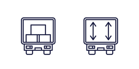 truck with boxes line icons, back view of a cargo van