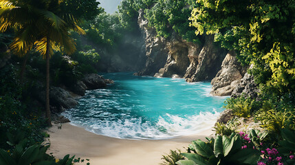 Vibrant island shoreline with trees and clean blue waves high resolution picture