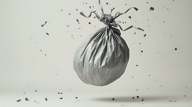 In a monochromatic photo, a large plastic bag is suspended mid-air, seemingly bursting with confetti, its contents spilling out. The background is devoid of any discernible text or additional objects.