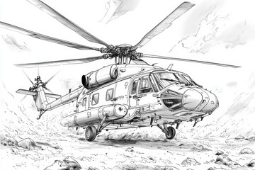 Fototapeta premium Detailed Line Drawing of a Military Helicopter in a Rocky Terrain