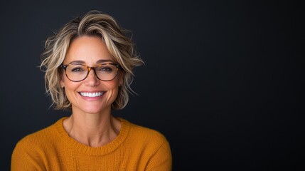 This striking portrait features a confident, smiling woman with stylish glasses, against a dark background, radiating positivity, warmth and approachability in her expression and stance.