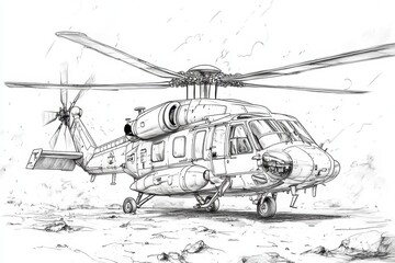 Fototapeta premium Detailed Pen-and-Ink Drawing of a Military Helicopter