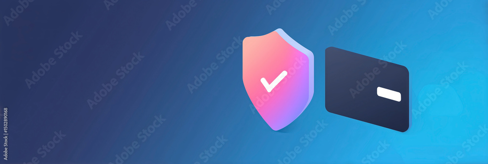 Poster digital security shield with check mark and credit card on gradient blue background representing onl