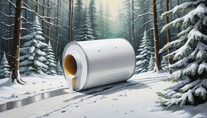Surreal Winter Wonderland with Giant Paint Can Pouring Metallic Silver and Gold Streams in Snow-Covered Pine Forest