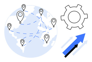 Fototapeta premium Globe with pinned locations connected by dotted lines, large gear symbol, upward blue and black arrows. Ideal for globalization, logistics, networking, technology, innovation, strategy simple