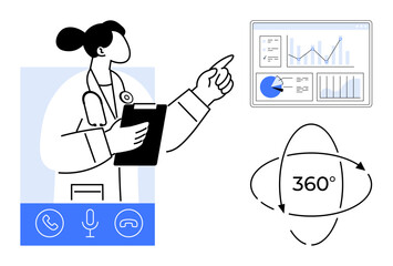 Doctor analyzing statistics on screen, holding clipboard, interactive 360 visuals, telecommunication icons. Ideal for healthcare, technology, telemedicine, analytics, remote work VR simple landing