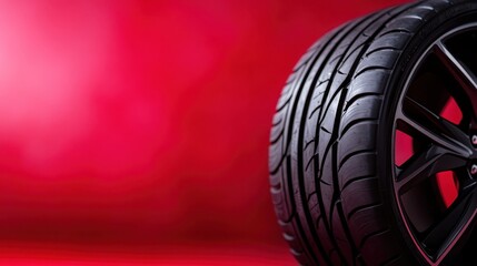 A close-up of a sleek, modern tire against a vibrant red background highlights the design and performance aspects of automotive engineering.