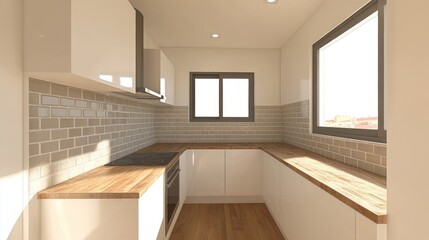 A modern kitchen design with light-beige brick backsplash and light-colored cabinetry.