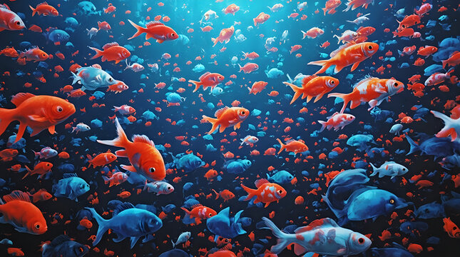 This digital artwork features a vibrant underwater scene filled with a variety of colorful fish, including several orange goldfish and numerous other species, all swimming amidst a backdrop of darker 