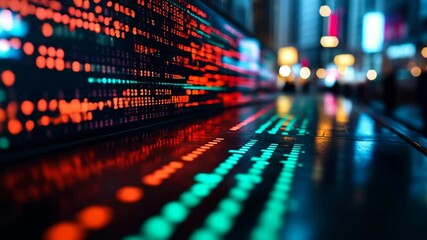 Abstract financial stock market data displayed on a reflective digital screen with blurred city lights. Ideal for business technology news corporate backgrounds. - Powered by Adobe