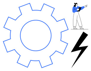 Large gear outline, woman holding tablet while pointing, lightning bolt symbol. Ideal for innovation, energy, technology, process management, teamwork, leadership simple landing page