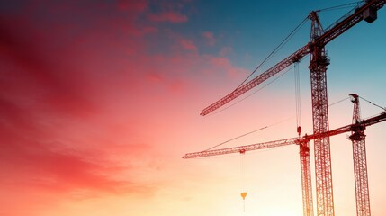 A stunning silhouette of construction cranes against a vibrant sunset sky captures the essence of urban development, showcasing the dynamic relationship between nature and industry.