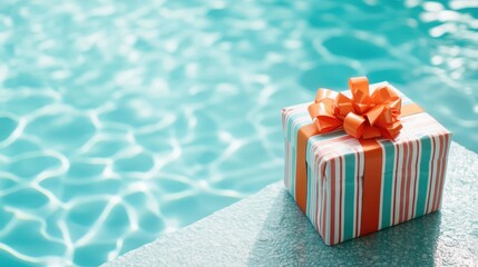 A brightly wrapped gift box with an orange bow rests at the edge of a sparkling blue swimming pool, symbolizing celebration, joy, and the excitement of special occasions.