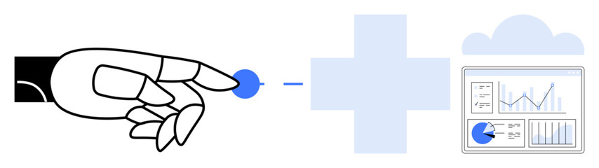 Robotic hand touching a digital element, large cross symbol, cloud, and analytics dashboard. Ideal for AI, automation, medical technology, innovation, cloud computing data analysis simple landing