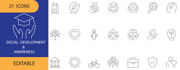 Minimal line icons representing sustainability, wellness, community, and eco-awareness—ideal for apps, infographics, and social impact projects.