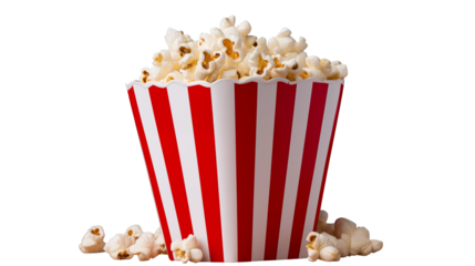Popcorn overflowing from a red and white striped container on a transparent background