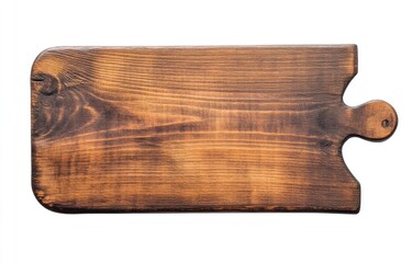 Rustic wooden cutting board, aged and worn.  Top view,  simple rectangular shape,  with a slightly curved handle