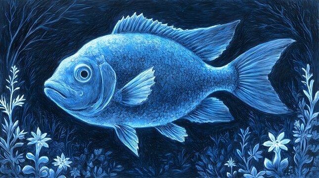 The image depicts a detailed painting of a blue fish swimming amidst flora, with a dark background emphasizing the vibrant fish.