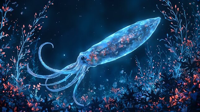 The image shows a transparent squid swimming in a dark underwater environment, surrounded by colorful marine flora.