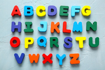 English alphabet on blue background