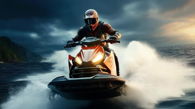 A man in full gear on a jet ski takes part in a race, cuts through the waves across the blue sea, ocean in cloudy weather