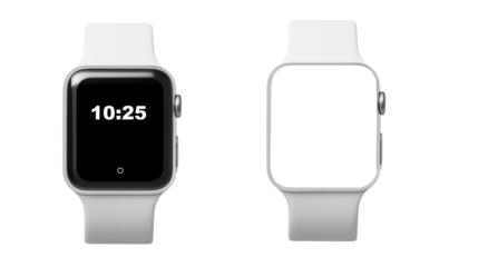 Two smartwatches with white bands on a transparent background