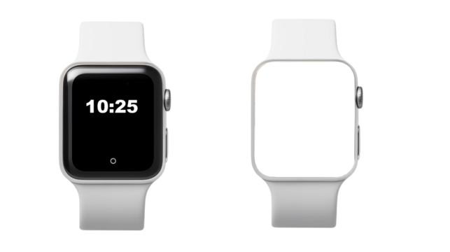 Two smartwatches with white bands on a transparent background