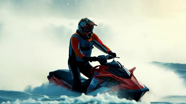 A man in full gear on a jet ski takes part in a race, cuts through the waves across the blue sea, ocean in cloudy weather