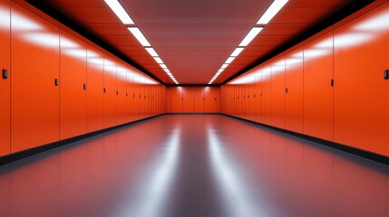 A striking, modern hallway lined with vibrant orange storage units showcases bold design and industrial aesthetics, highlighting the fusion of function and visual appeal.