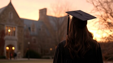 Girl with long brown hair wearing graduation cap and gown standing on campus at sunset, buildings in background, looking to distant horizon symbolizing academic achievement and future hopes.