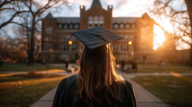 Girl with long brown hair wearing graduation cap and gown standing on campus at sunset, buildings in background, looking to distant horizon symbolizing academic achievement and future hopes.
