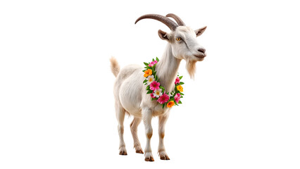 Obraz premium White goat standing with vibrant horn and neck garland of colorful flowers, isolated on white. Perfect for festive or farm concepts.