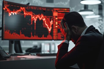 Financial despair envelops trader amidst alarming market drops and overwhelming data on multiple screens