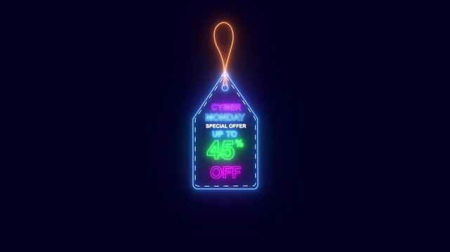 cyber monday neon tag sale promo animated neon tag cyber monday special offer sale up to 45% percent discount Shoppers are eager to take advantage this limited-time offer Promotional Loop Background - Powered by Adobe