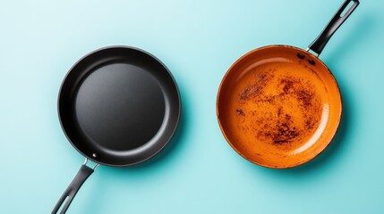 This image presents a striking comparison of a new and a worn cooking pan side by side, effectively showcasing the differences in quality and longevity in kitchen tools.