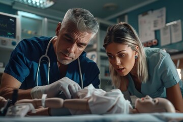 Obraz premium Medical professionals engage in life-saving training with a realistic baby doll in a simulated hospital environment